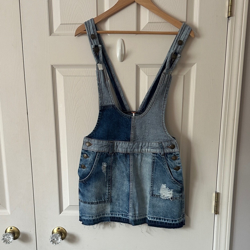 RARE Free People Two-Tone Blue Denim Overall Skirt